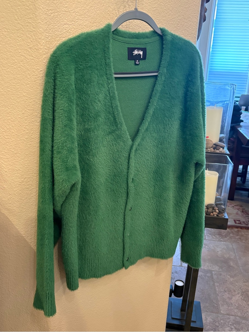 STUSSY Men Green Shaggy Fuzzy Mohair Style Button Cardigan Sweater Size Medium - Picture 2 of 8